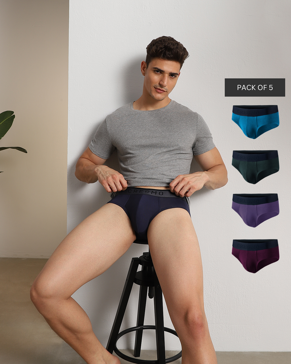 Work Week Essentials: Pack of 5 Briefs Cosmos-Blue Cruiser- Combat- Mulberry-El Vino (Navy Blue, Teal Blue, Bottle Green, Purple, Maroon).