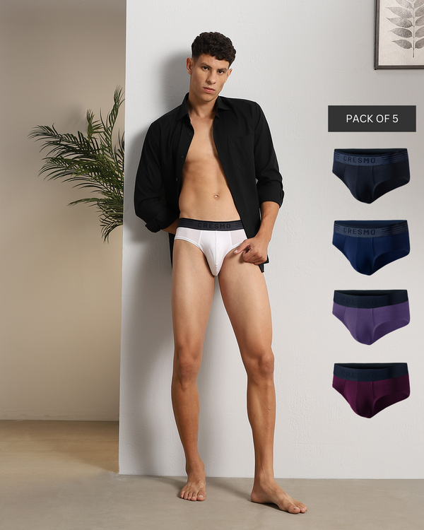 Work Week Essentials: Pack of 5 Briefs Daily White-Intense Black-Cosmos-Mulberry-El vino(white, Black, Navy Blue, Maroon).