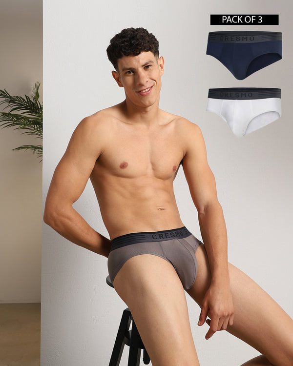 Civic Brief Pack of 3 Daily White-Cosmos-Shinning Armour (white, Navy Blue, Ash Grey)