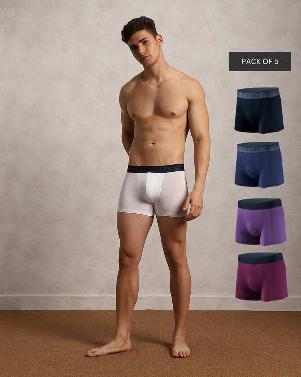 Work Week Essentials: Pack of 5 Trunks Daily White-Intense Black-Cosmos-Mulberry-El vino(white, Black, Navy Blue, Maroon).