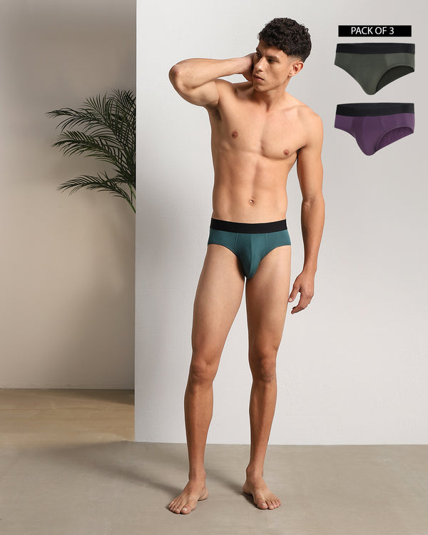 Fusion Brief Pack of 3 Mulberry, Escapade, & Combat (Purple, Teal Green, & Bottle Green)